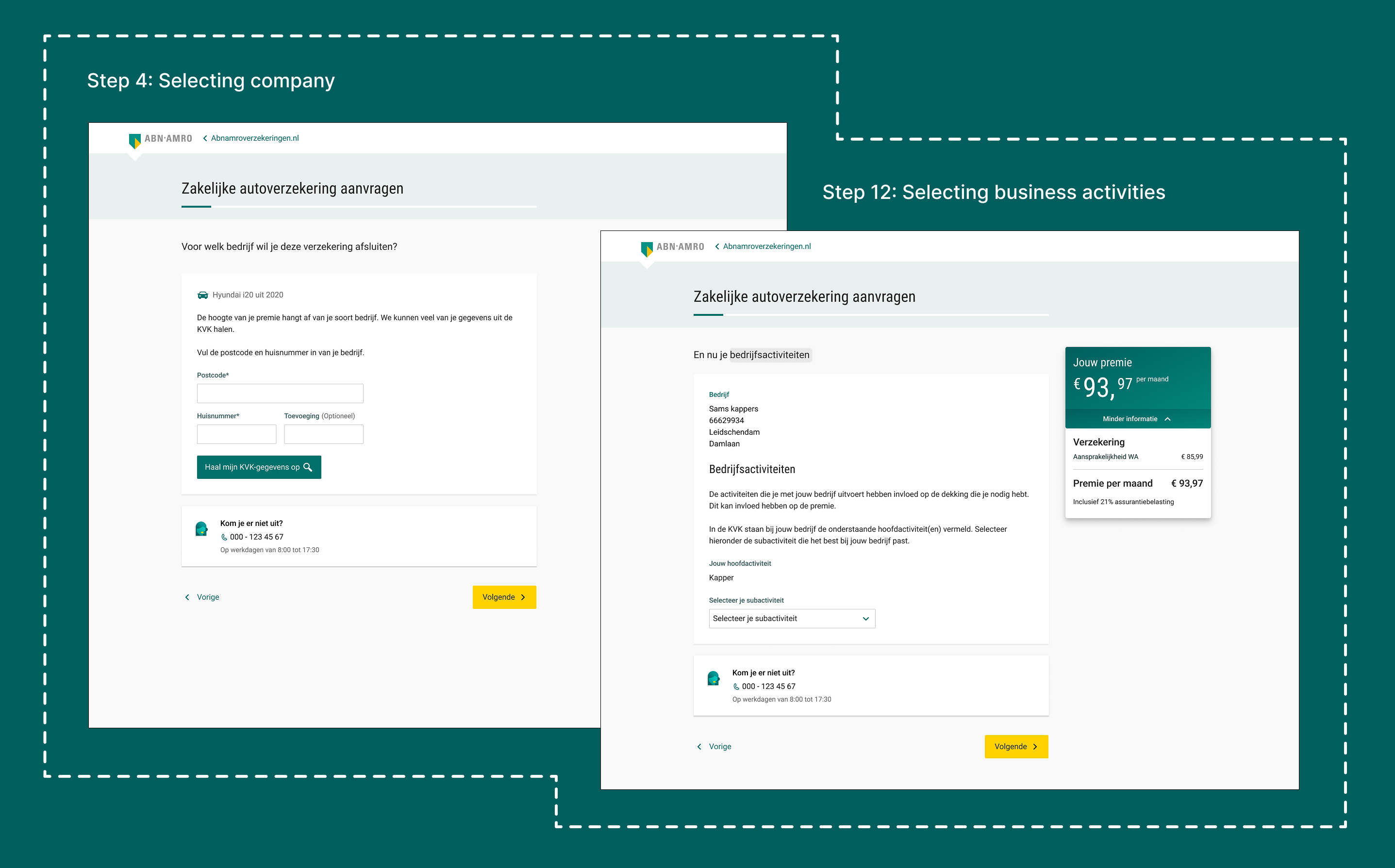 Company lookup and business activity selection shown as separate steps