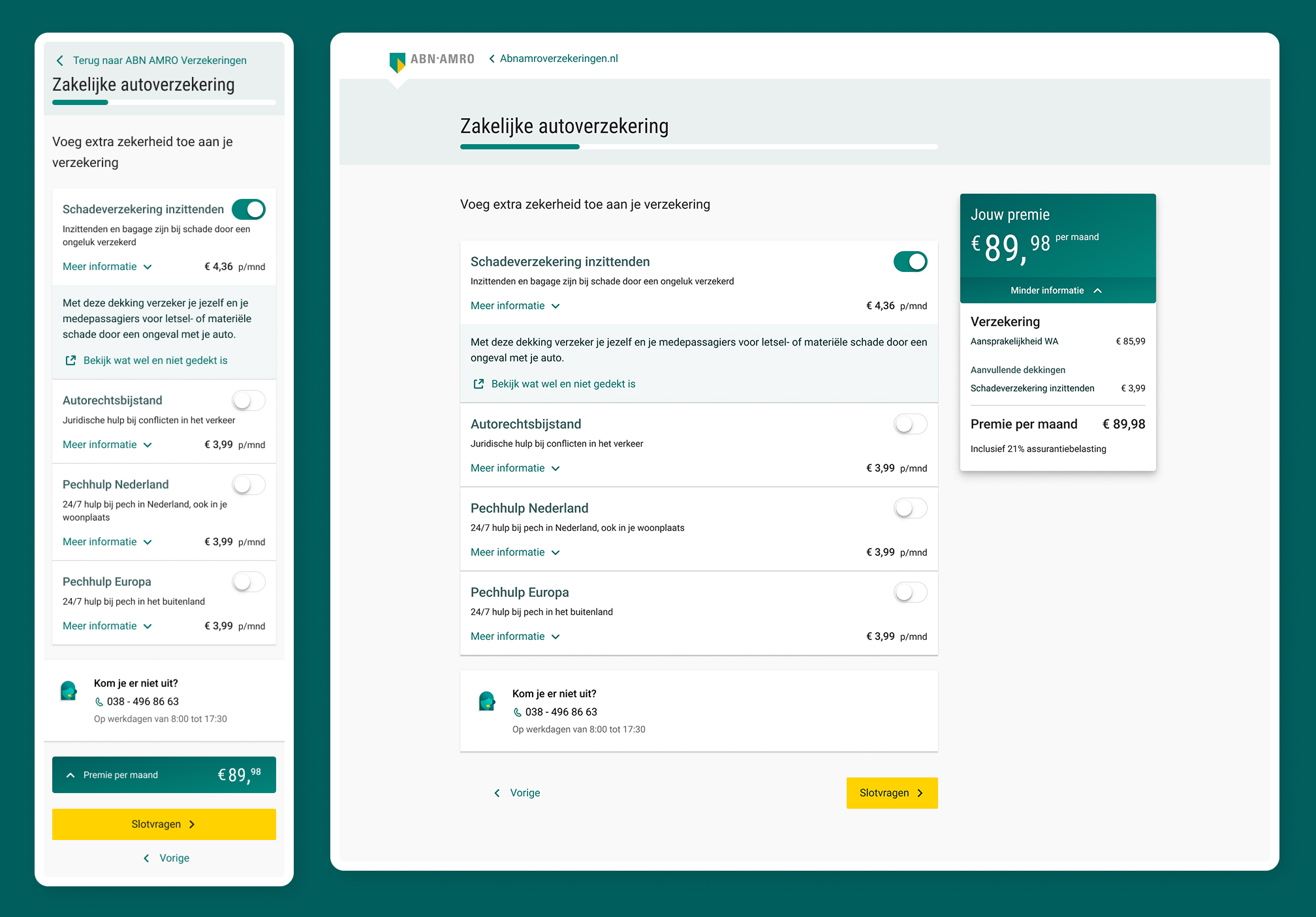Add-on coverage selection with a live-updating price overview