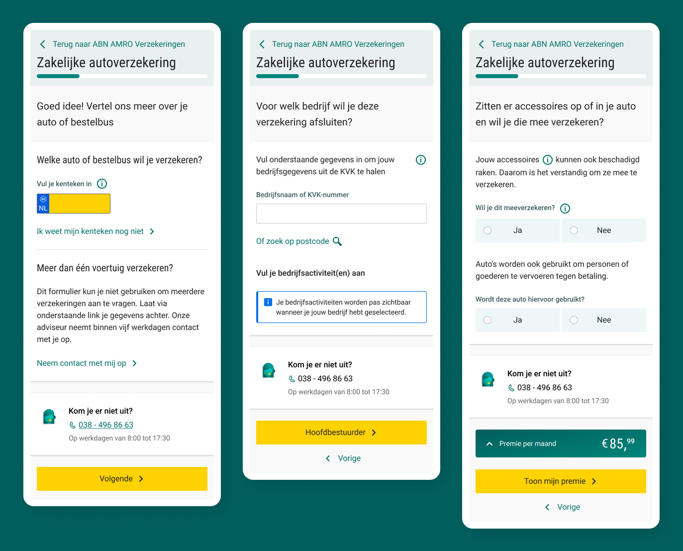 Mobile screens of the car insurance funnel — license plate lookup, company lookup, and accessories coverage