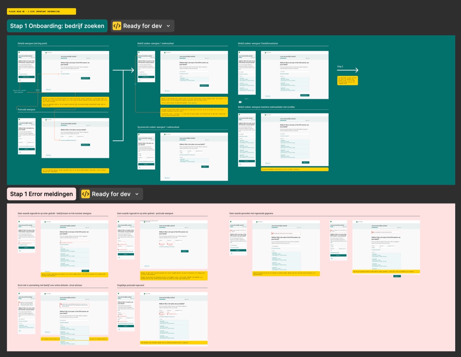 Annotated onboarding flow with dev-ready notes and error states