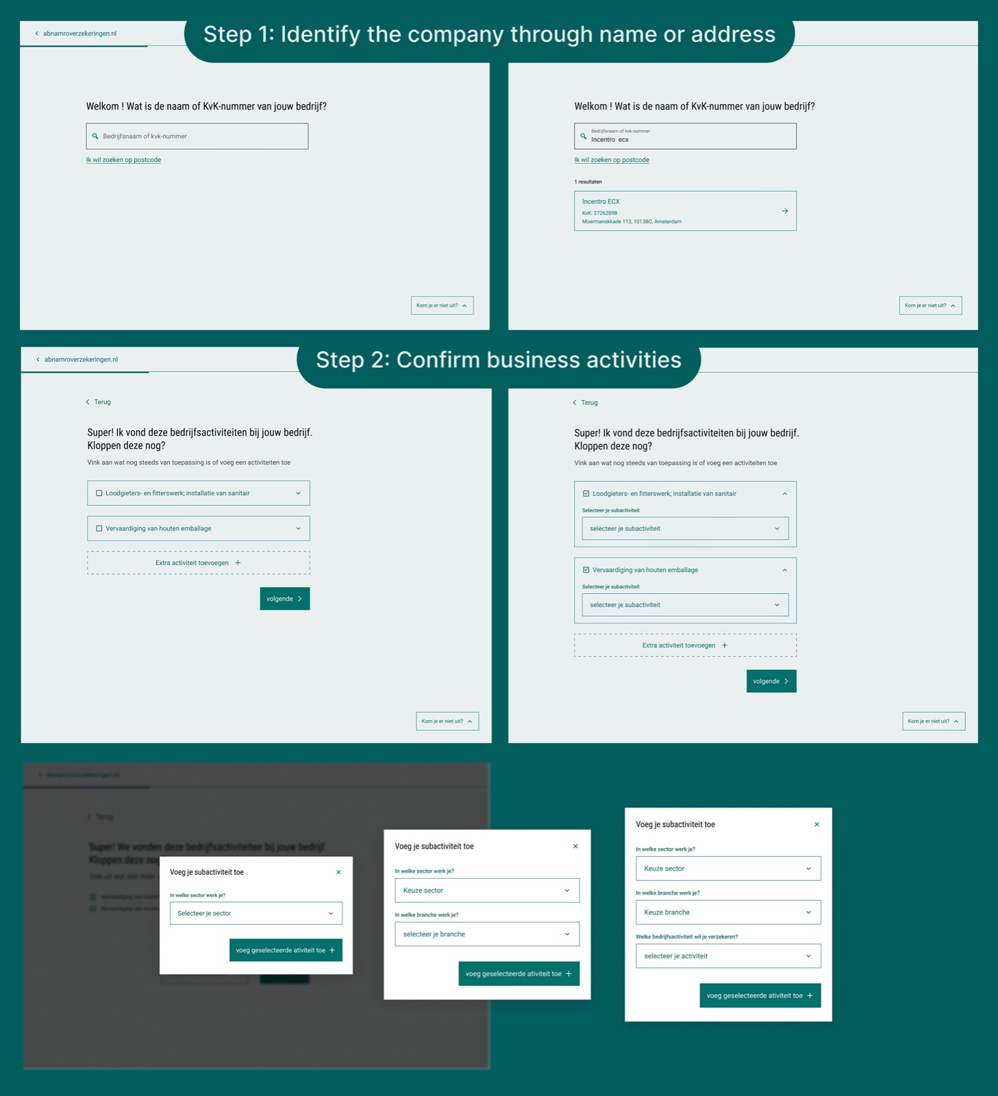 Wireframes for Step 1: Identify the company, and Step 2: Confirm business activities