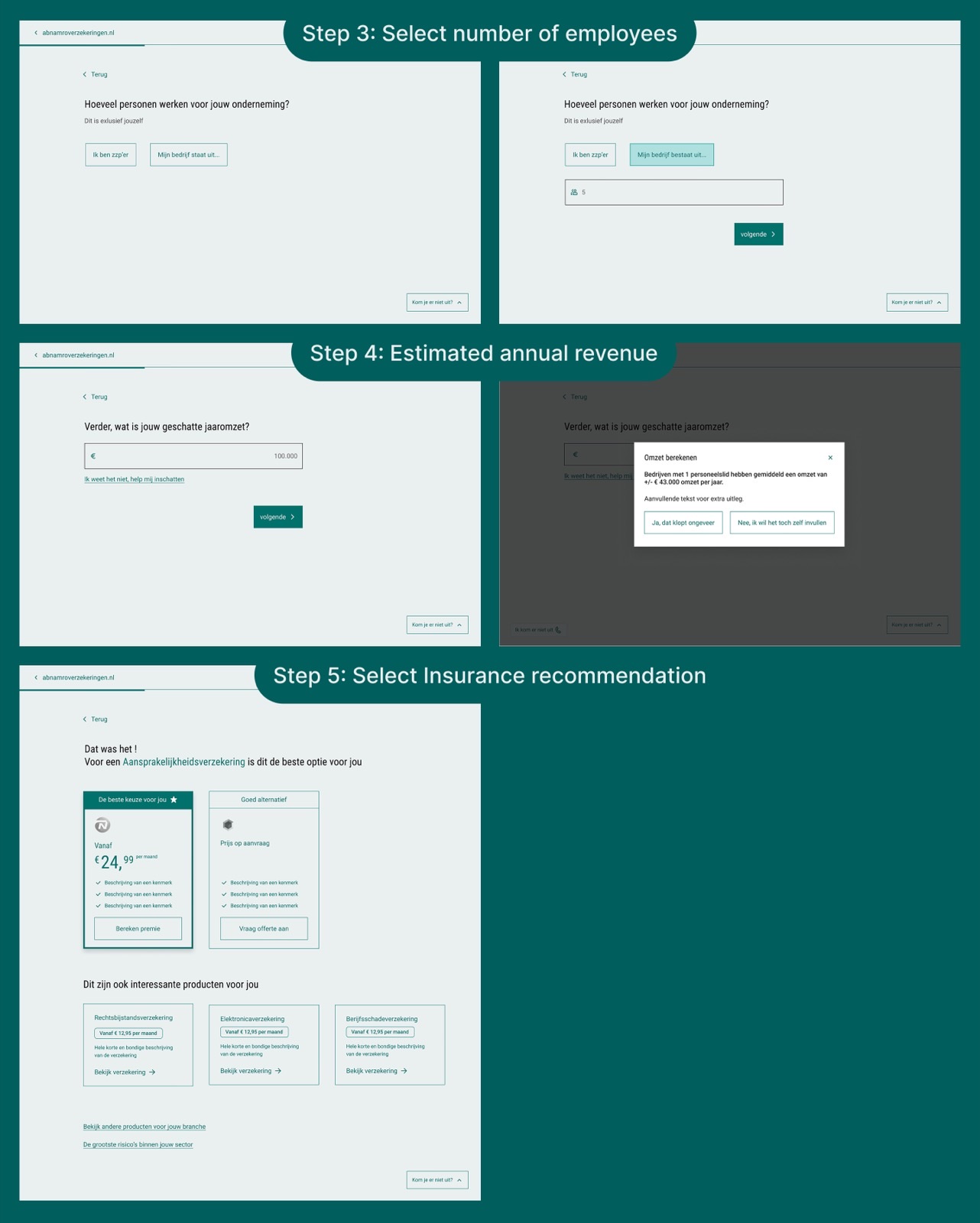 Wireframes for Step 3: Number of employees, Step 4: Estimated annual revenue, and Step 5: Insurance recommendation