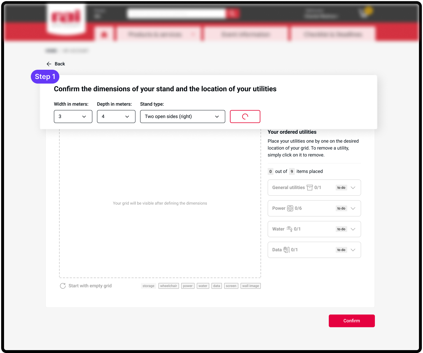 Utility list and legend disabled before stand dimensions are set