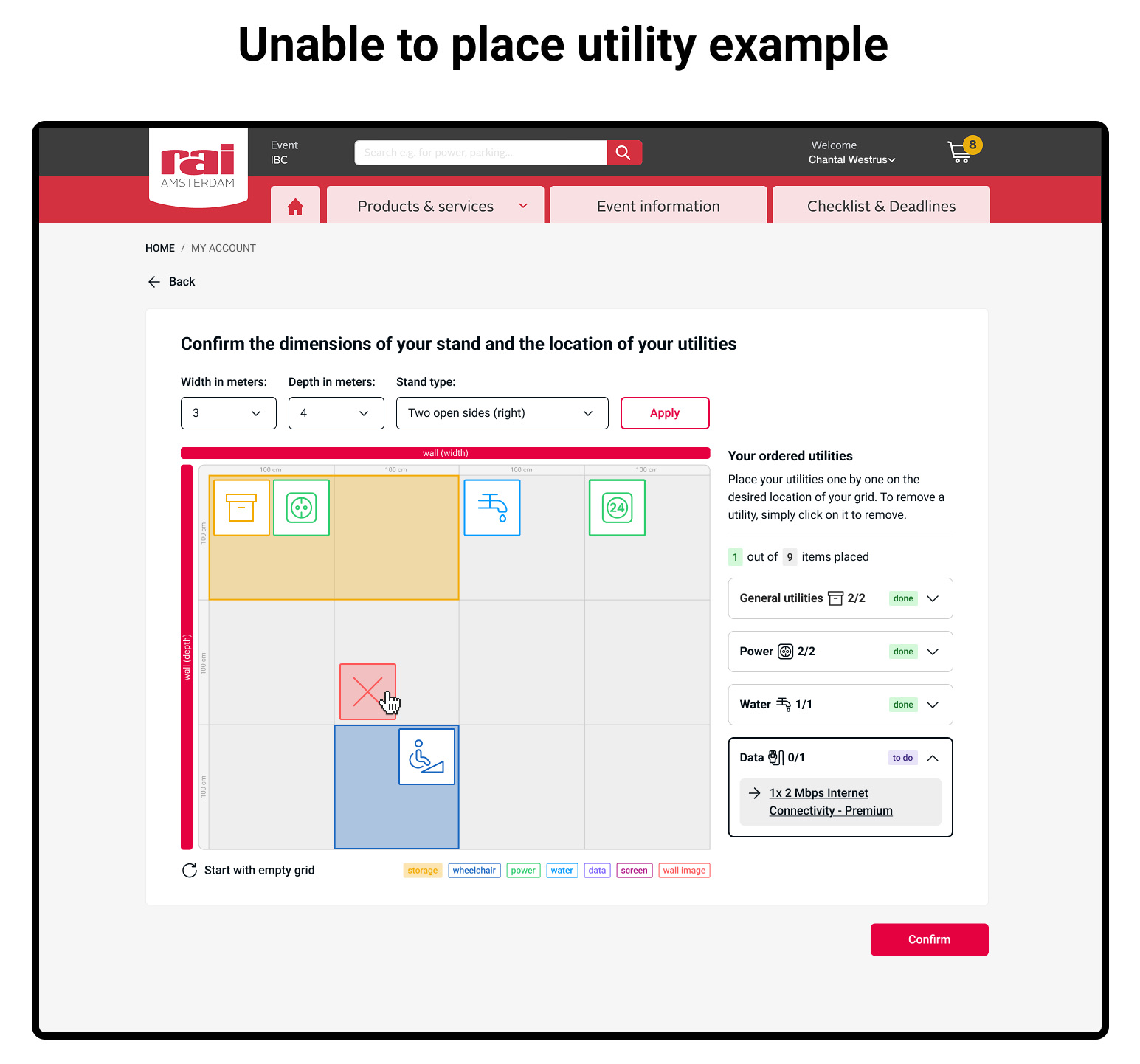 Utility tile marked with a red X when placement is not allowed