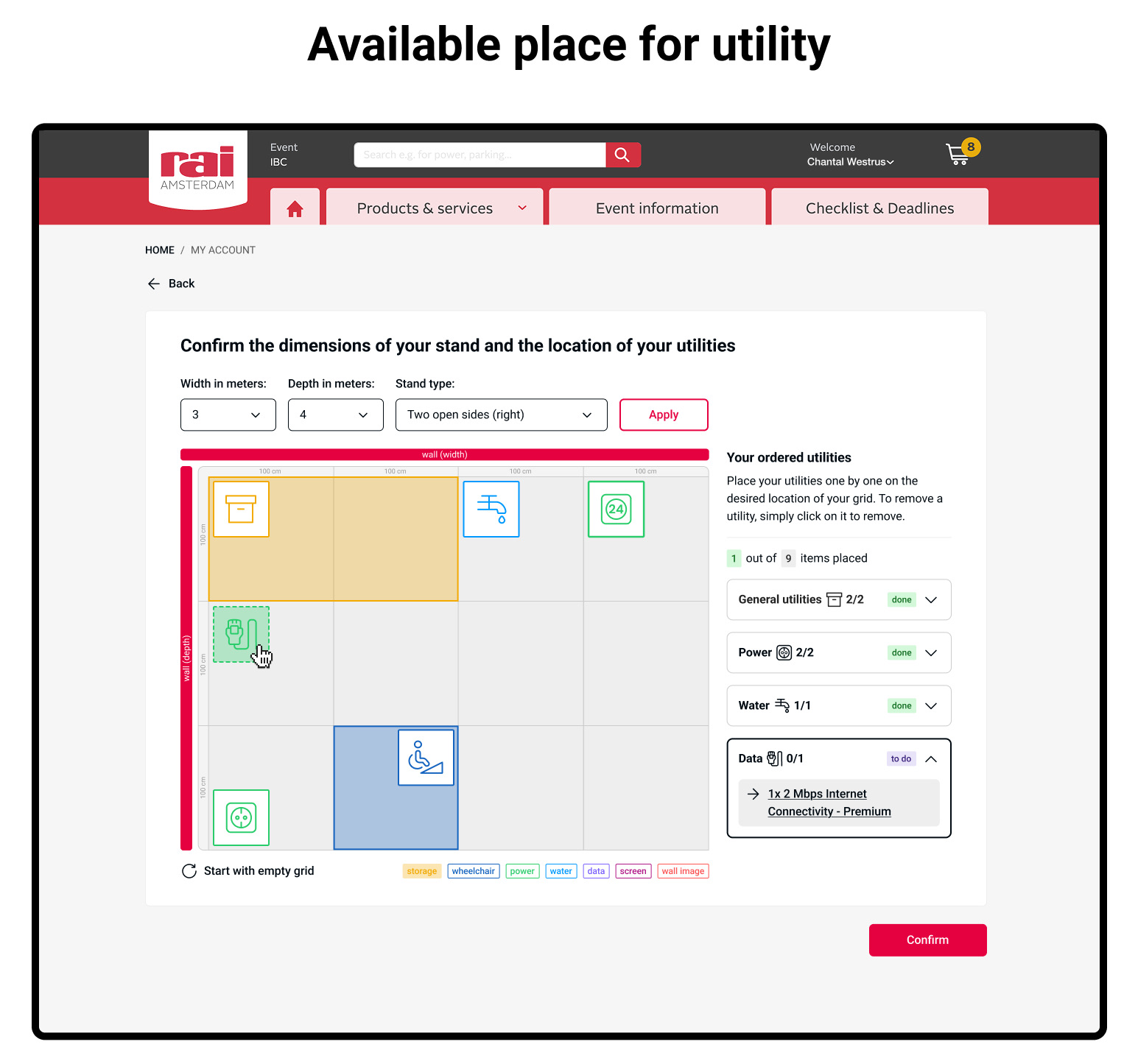 Utility tile highlighted green when a spot is available