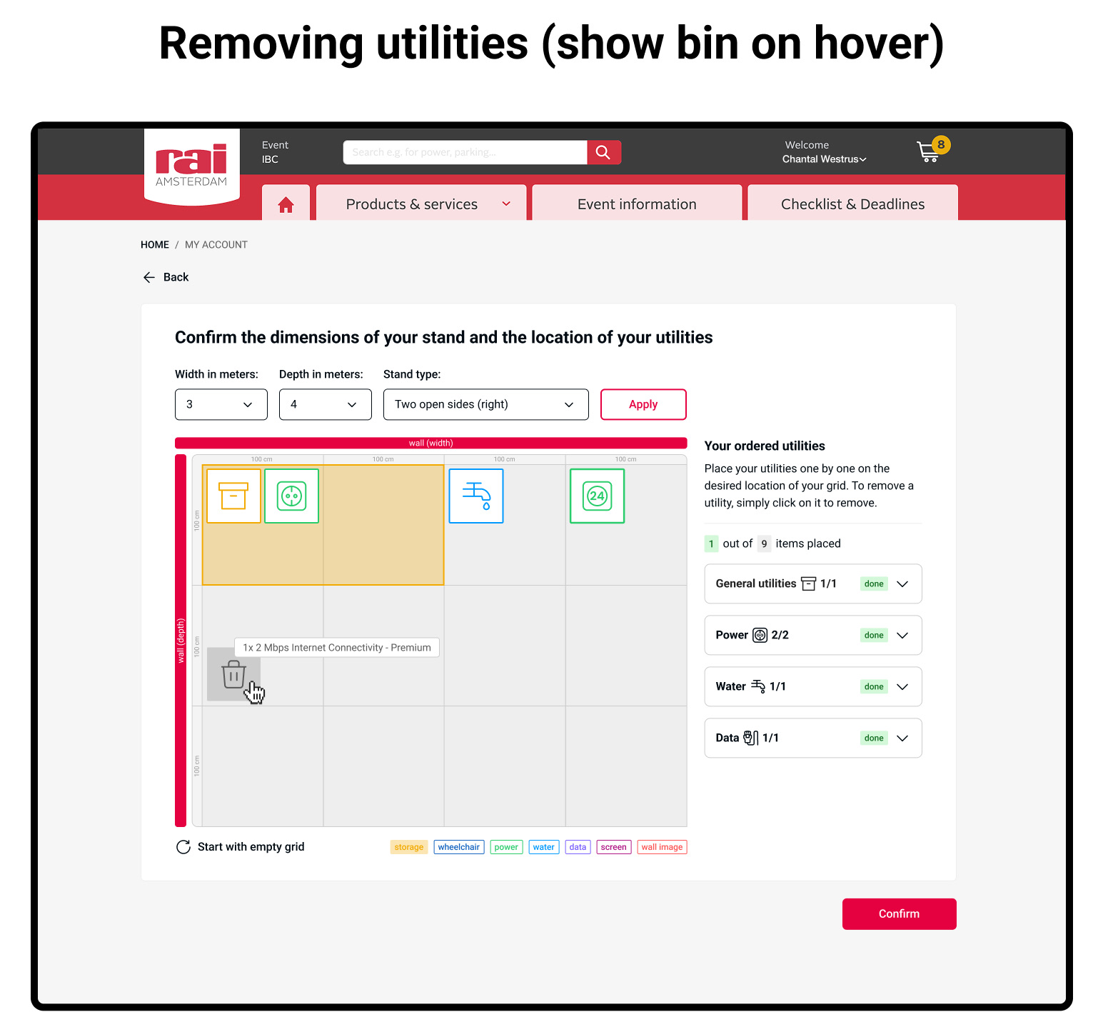 Placed utility turning grey with a bin icon on hover